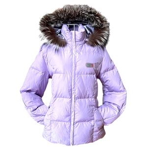 Vintage Down parka. Lavender with silver gray lining. Fur trimmed hood.